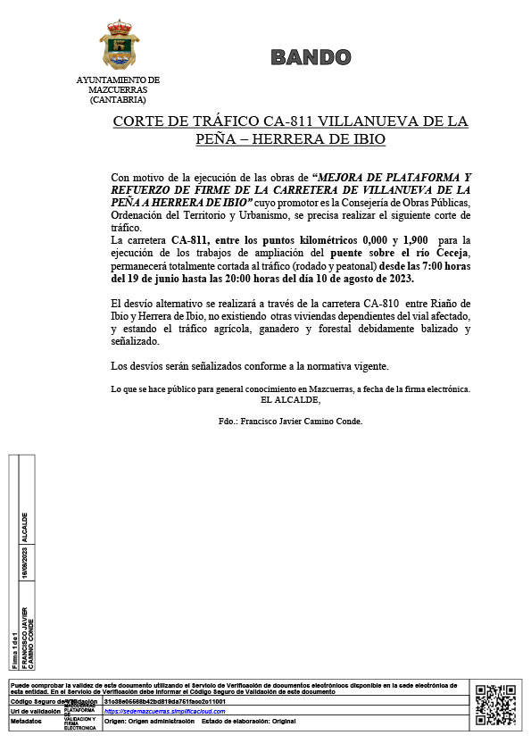 CORTE DE TRAFICO CA-811 VILLANUEVA DE LA PEÑA – HERRERA DE IBIO